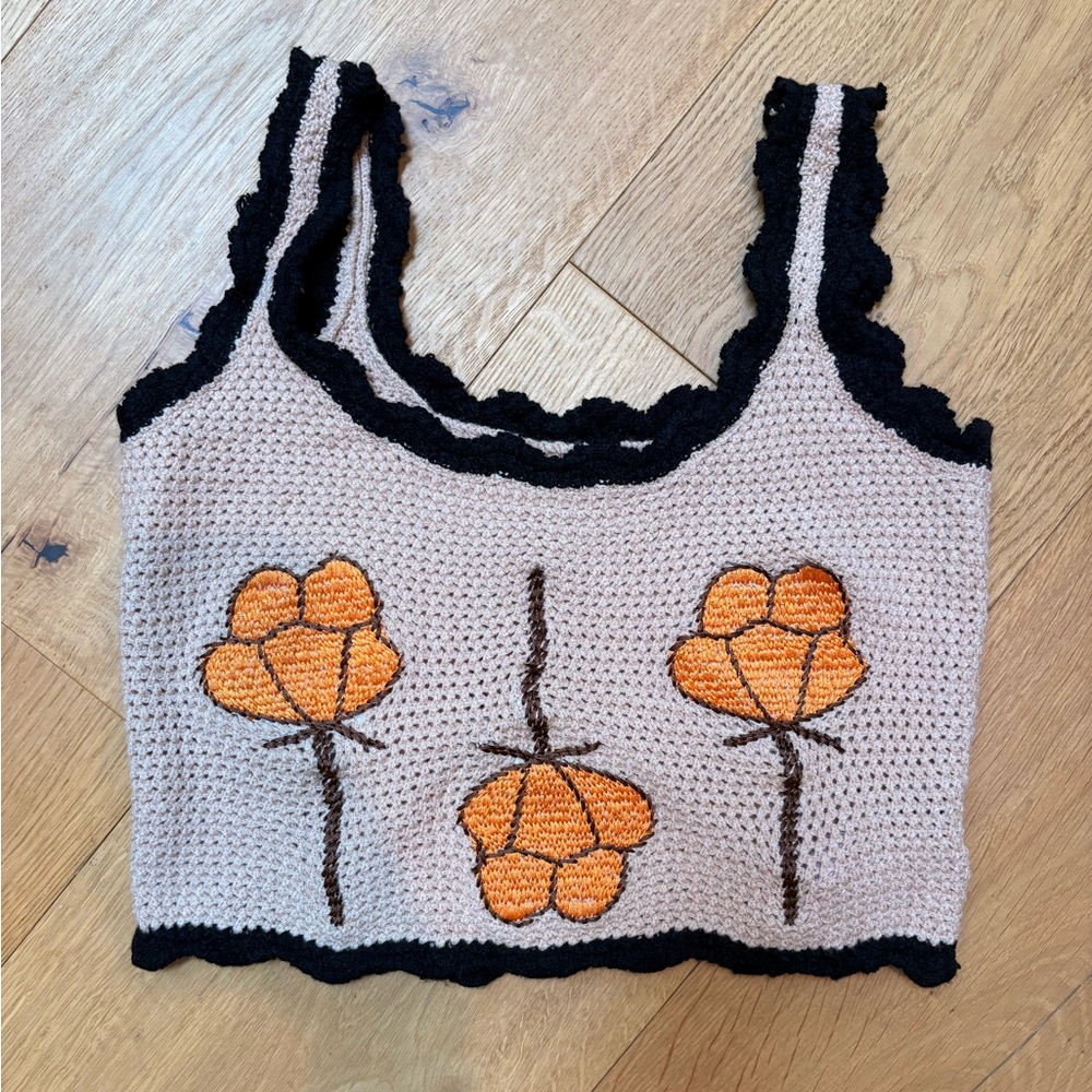 SHEIN Beige Crochet Tank with Black Trim and embroidered Orange Accent Flower
